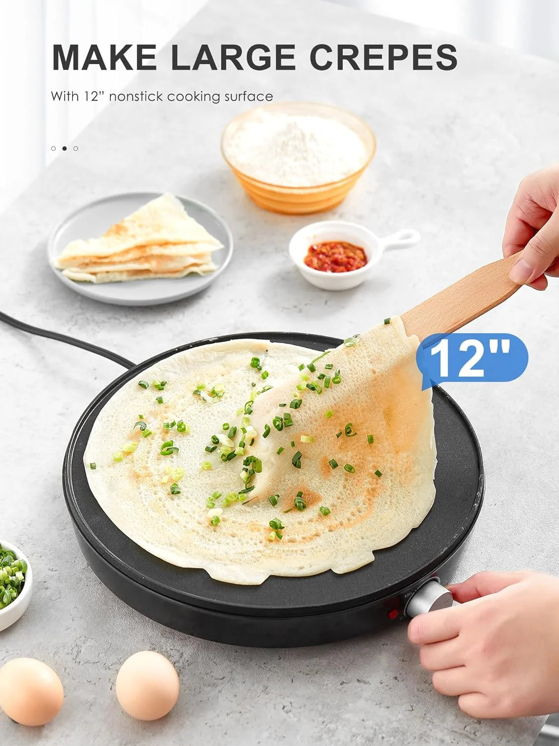 Crepe Maker Machine, Nonstick 12” Electric Griddle, Compact Pancake Griddle Precise Temperature Control, Batter Spreader for Eggs, Pancakes, Includes Spatula, Spreader(Black)