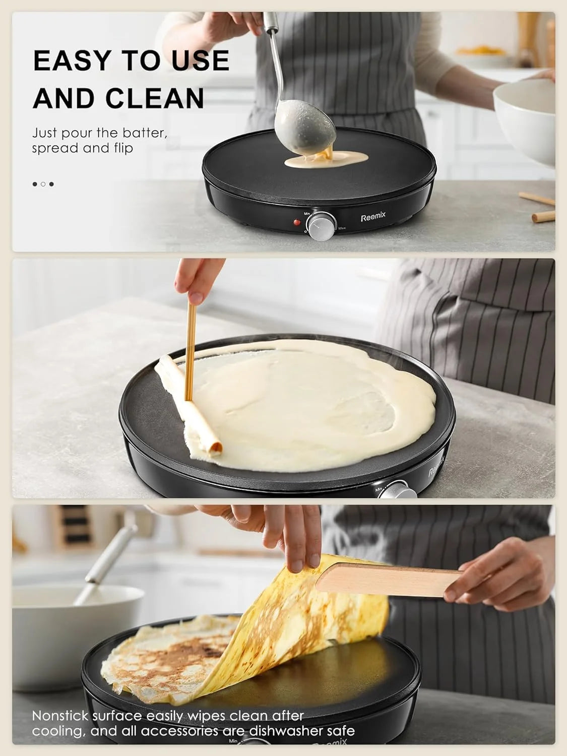 Crepe Maker Machine, Nonstick 12” Electric Griddle, Compact Pancake Griddle Precise Temperature Control, Batter Spreader for Eggs, Pancakes, Includes Spatula, Spreader(Black)