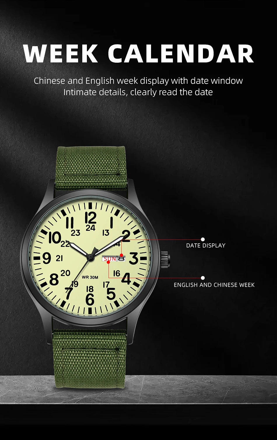 2024 TPW Field Watch Easy Reading Fabric Strap 24 Hours Display Quartz Movement