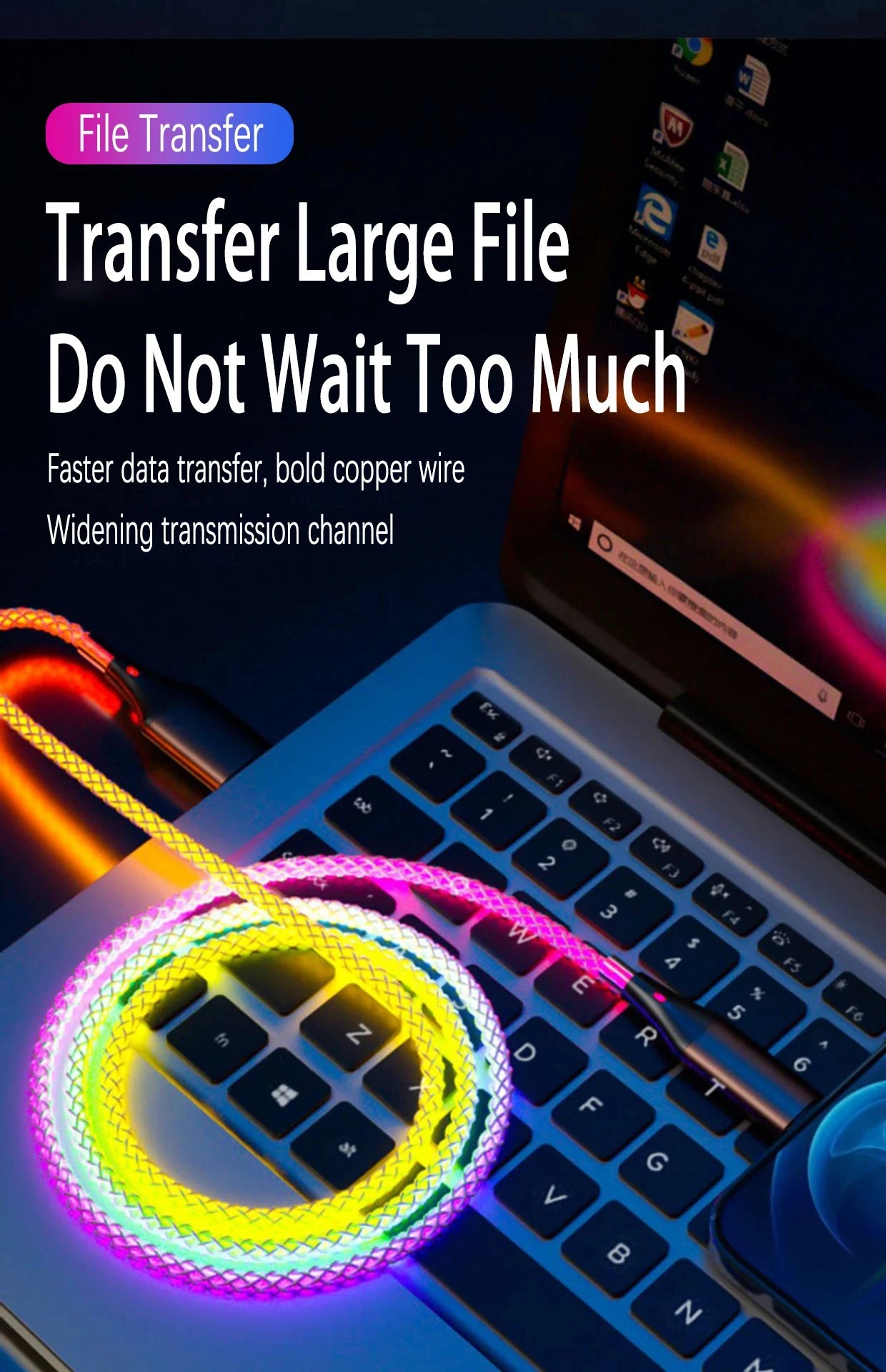 6A Super Fast Charging Colorful Light Data Cable A Drag Three RGB Breathing Gradient Car Charging Cable USB 3 In 1 Universal