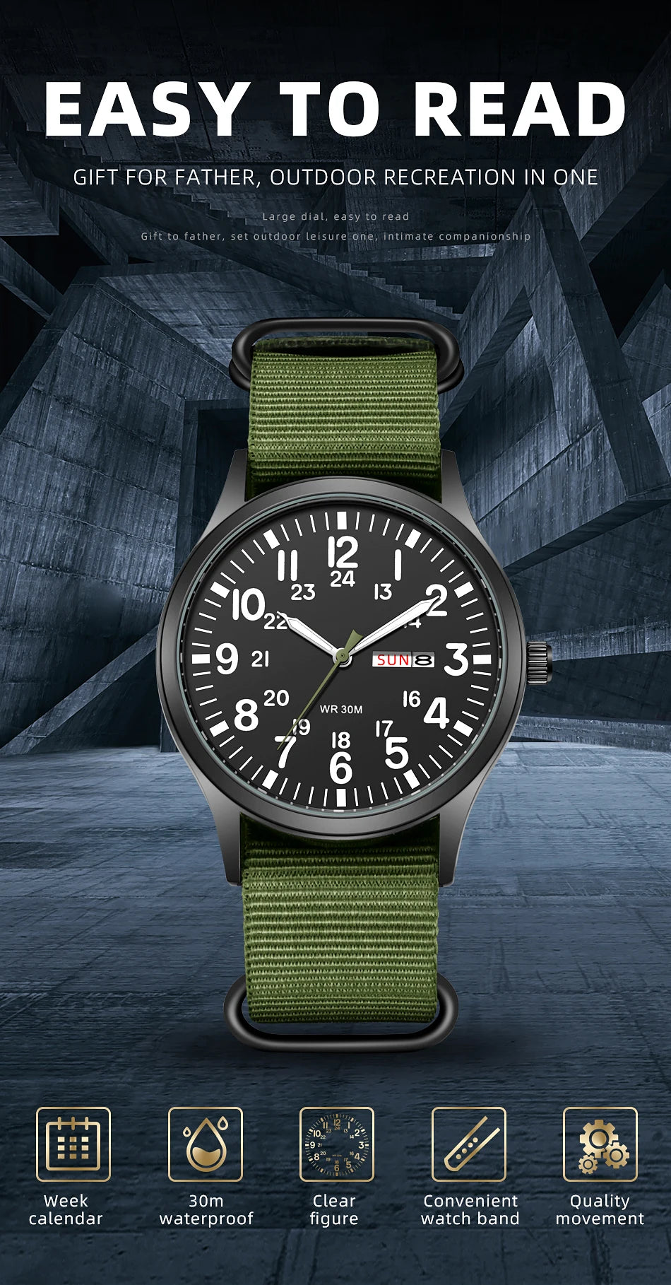 2024 TPW Field Watch Easy Reading Fabric Strap 24 Hours Display Quartz Movement
