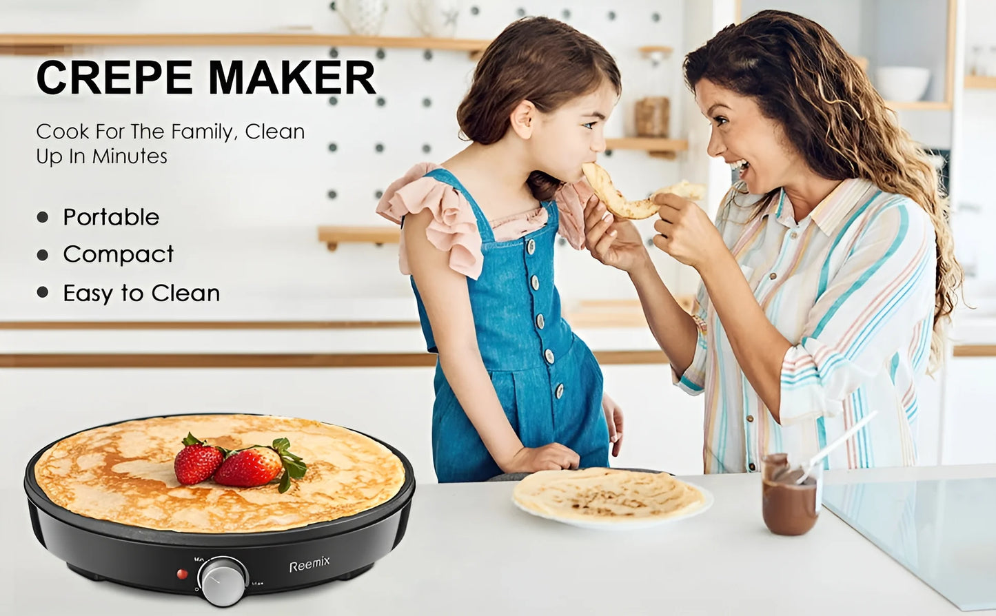 Crepe Maker Machine, Nonstick 12” Electric Griddle, Compact Pancake Griddle Precise Temperature Control, Batter Spreader for Eggs, Pancakes, Includes Spatula, Spreader(Black)