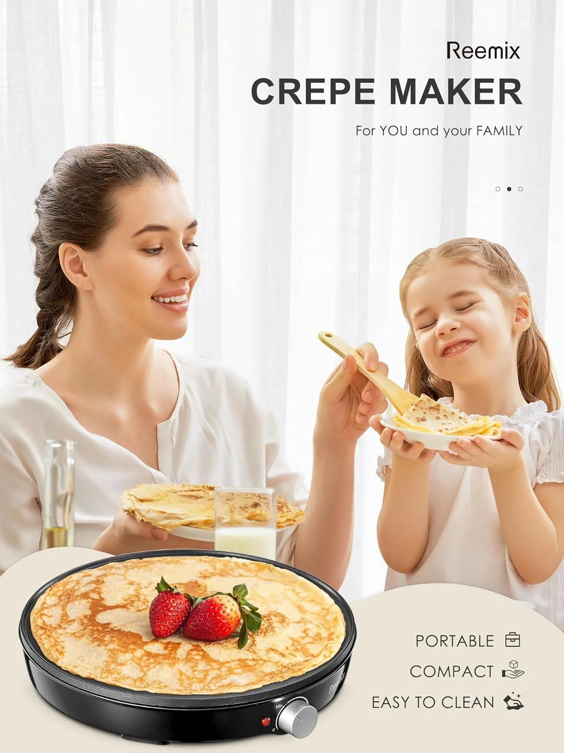 Crepe Maker Machine, Nonstick 12” Electric Griddle, Compact Pancake Griddle Precise Temperature Control, Batter Spreader for Eggs, Pancakes, Includes Spatula, Spreader(Black)