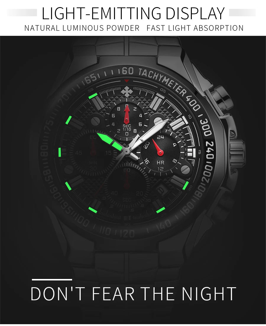 2024 WWOOR Men's Watch Top Brand Luxury Black Wrist Watch Fashion Sports Chronograph Steel Quartz Men Watches Relogio Masculino