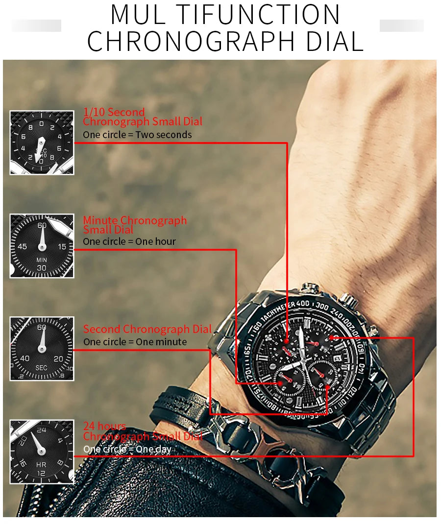 2024 WWOOR Men's Watch Top Brand Luxury Black Wrist Watch Fashion Sports Chronograph Steel Quartz Men Watches Relogio Masculino