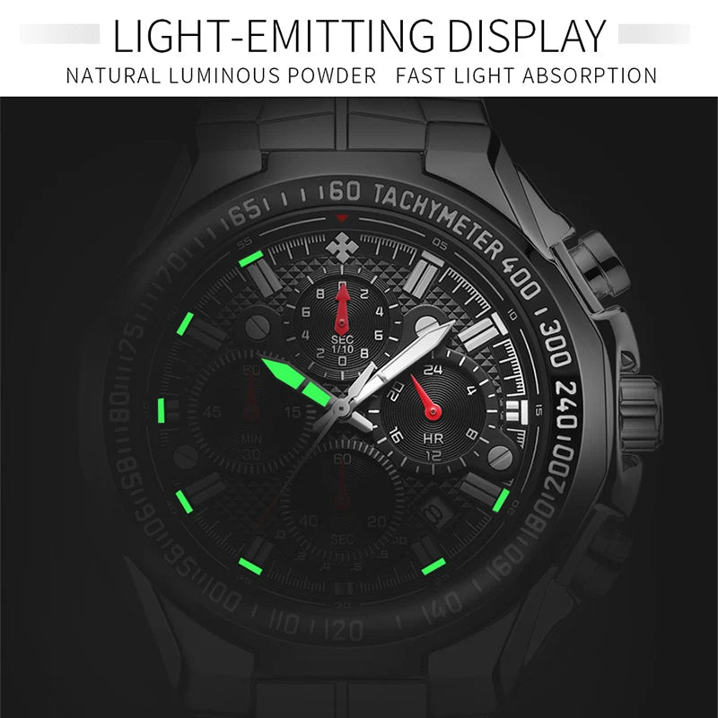 2024 WWOOR Men's Watch Top Brand Luxury Black Wrist Watch Fashion Sports Chronograph Steel Quartz Men Watches Relogio Masculino