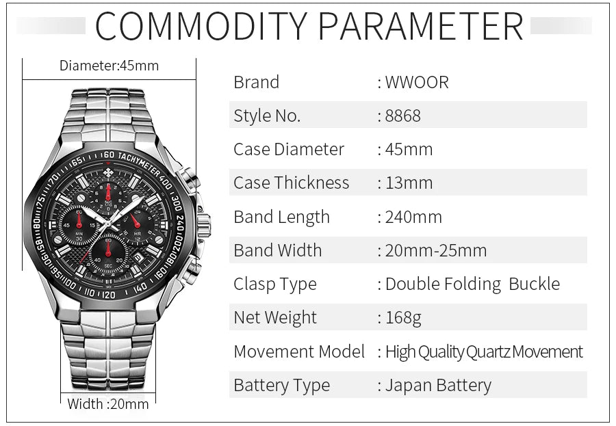 2024 WWOOR Men's Watch Top Brand Luxury Black Wrist Watch Fashion Sports Chronograph Steel Quartz Men Watches Relogio Masculino