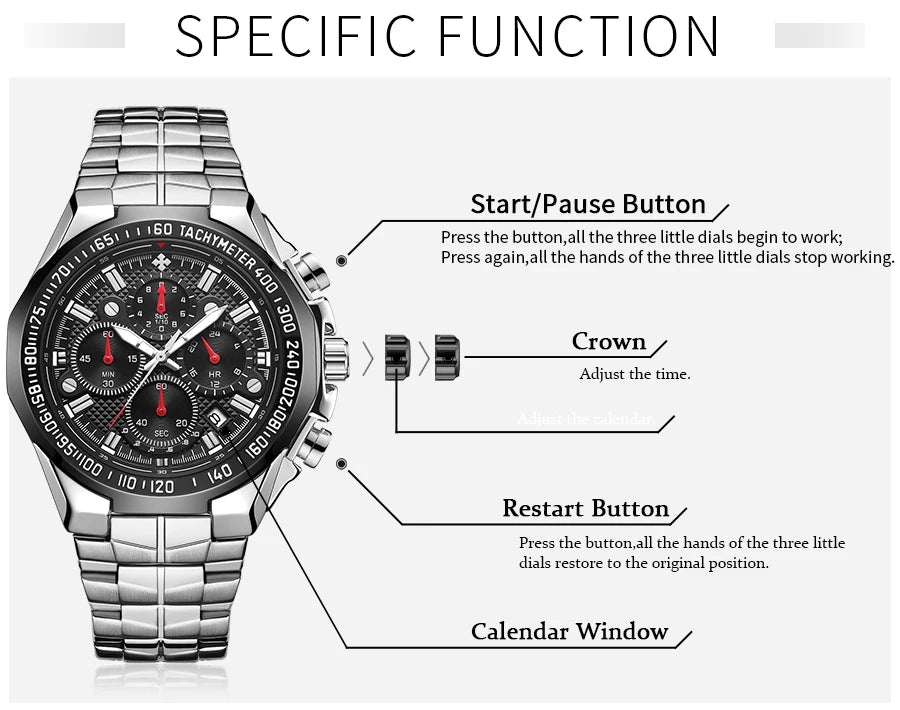 2024 WWOOR Men's Watch Top Brand Luxury Black Wrist Watch Fashion Sports Chronograph Steel Quartz Men Watches Relogio Masculino
