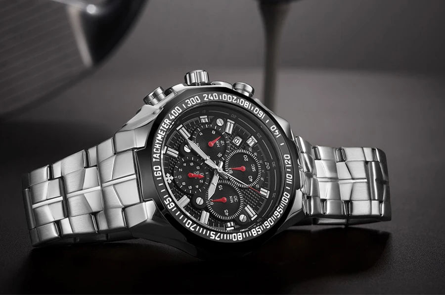 2024 WWOOR Men's Watch Top Brand Luxury Black Wrist Watch Fashion Sports Chronograph Steel Quartz Men Watches Relogio Masculino