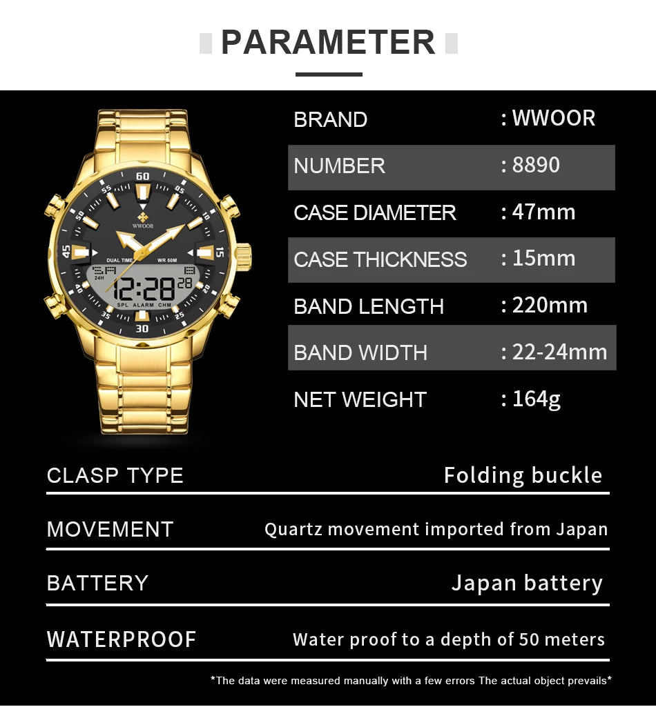 WWOOR New Luxury Digital Watch For Men Sports Big Watches LED Quartz Wristwatch Waterproof Male Clock Military Relogio Masculino