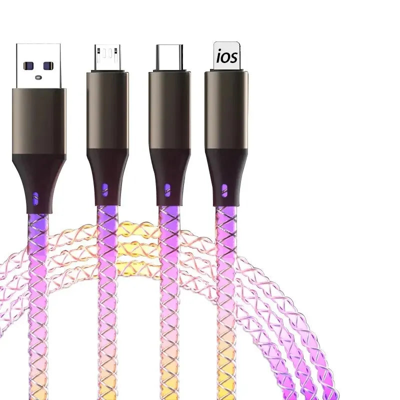 6A Super Fast Charging Colorful Light Data Cable A Drag Three RGB Breathing Gradient Car Charging Cable USB 3 In 1 Universal