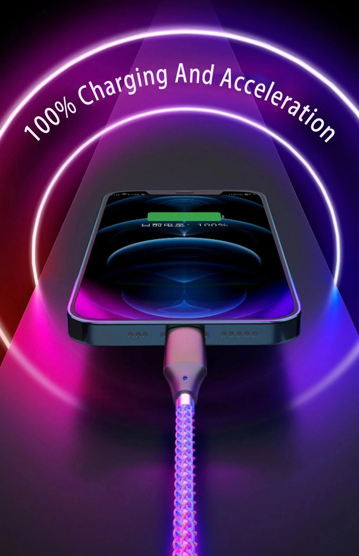 6A Super Fast Charging Colorful Light Data Cable A Drag Three RGB Breathing Gradient Car Charging Cable USB 3 In 1 Universal