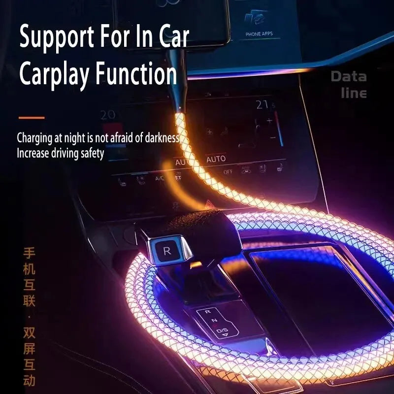 6A Super Fast Charging Colorful Light Data Cable A Drag Three RGB Breathing Gradient Car Charging Cable USB 3 In 1 Universal