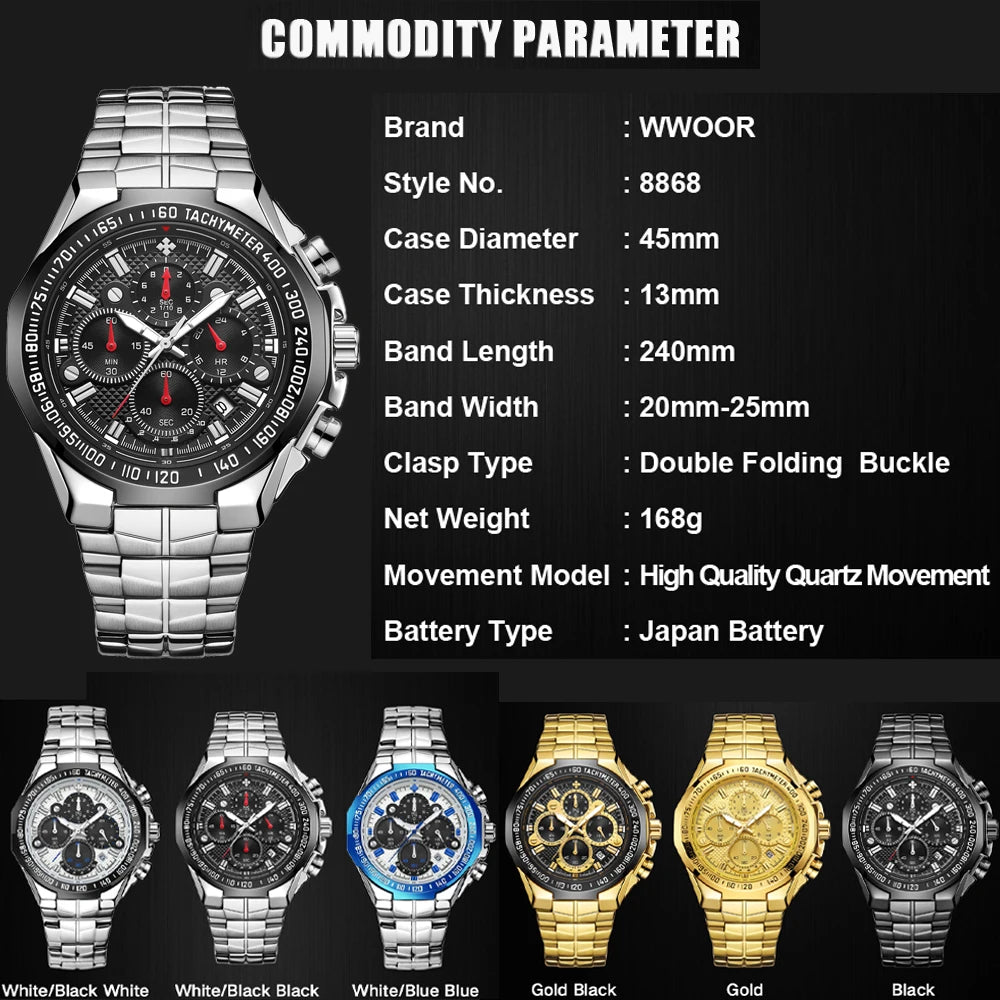 2024 WWOOR Men's Watch Top Brand Luxury Black Wrist Watch Fashion Sports Chronograph Steel Quartz Men Watches Relogio Masculino