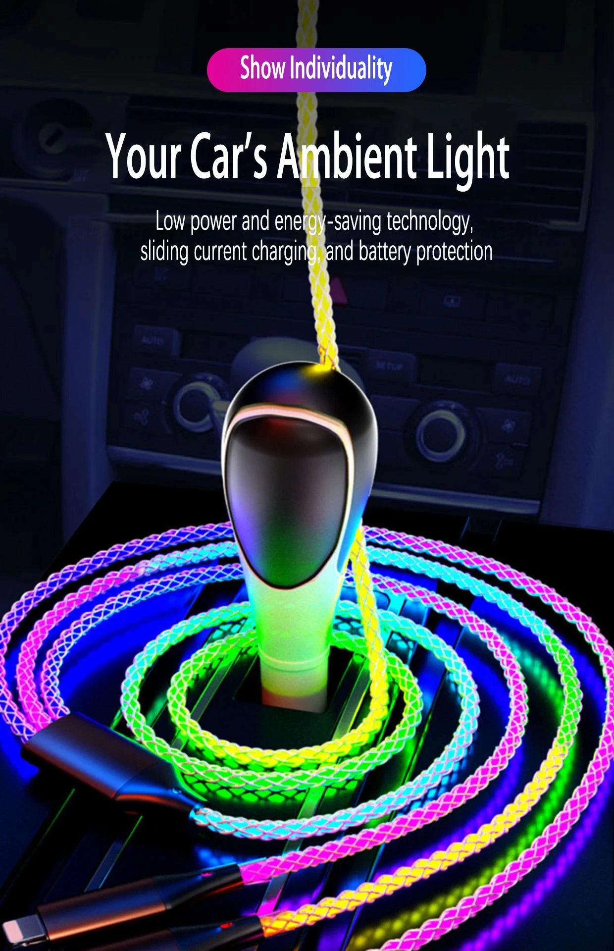 6A Super Fast Charging Colorful Light Data Cable A Drag Three RGB Breathing Gradient Car Charging Cable USB 3 In 1 Universal